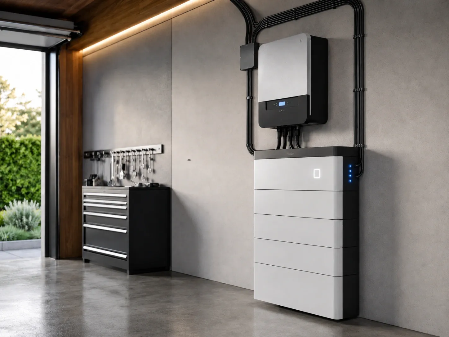 Residential energy storage battery installed beside a wall